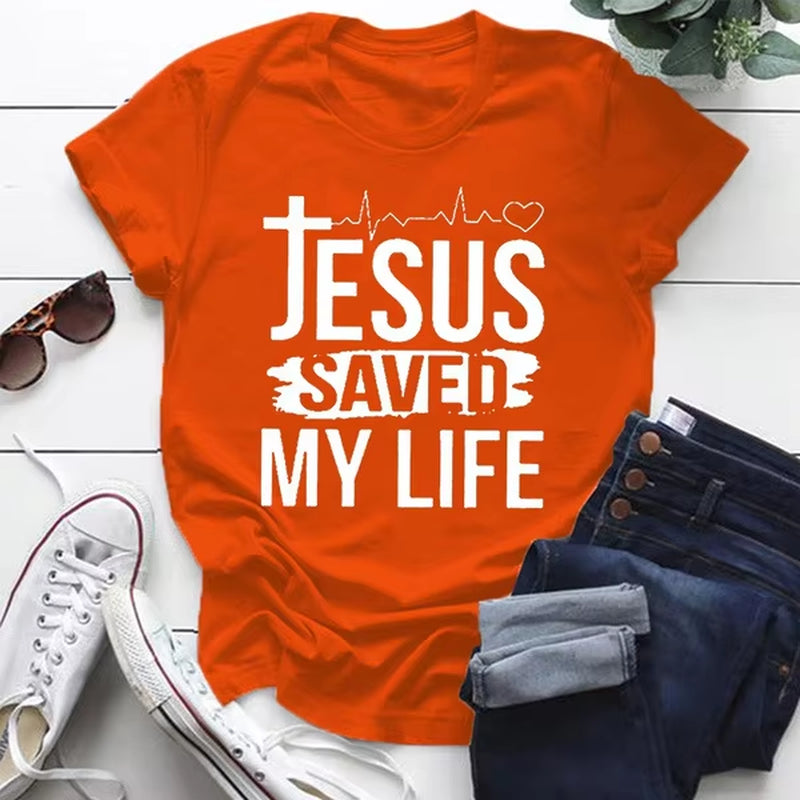 Jesus save My Life Print Women T Shirt Short Sleeve O Neck Loose Women Tshirt Ladies Tee Shirt Tops Clothes Camisetas Mujer