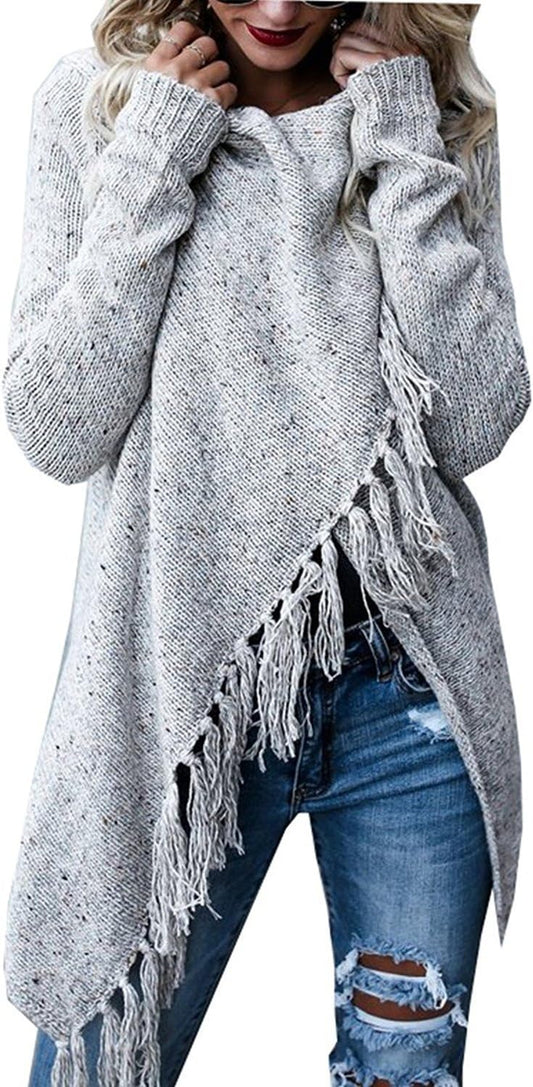 Women'S Open Front Knited Tassels Slash Loose Cardigan Crew Neck Speckled Fringe Sweater Outwear