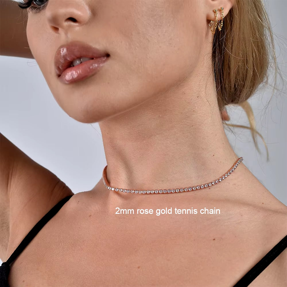 2Mm Moissanite Tennis Necklace for Women S925 Silver Plated 18K Gold Sparking Rhinestone Choker Chain Wedding Jewelry Adjustable